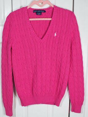 Ralph Lauren | Sweaters | Ralph Lauren Cable Knit Sweater Vnec Hot Pink ...